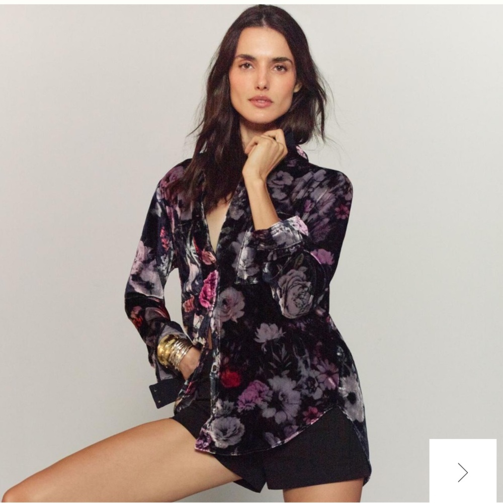 Anthropologie Black Floral Velvet Button-Down Blouse